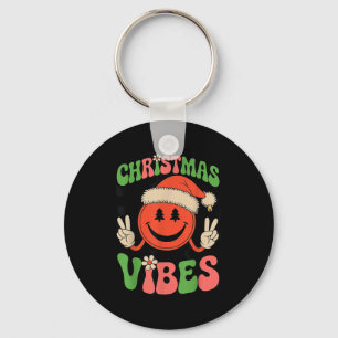 Groovy Christmas Vibes Smile Face Santa Hat Xmas T Key Ring