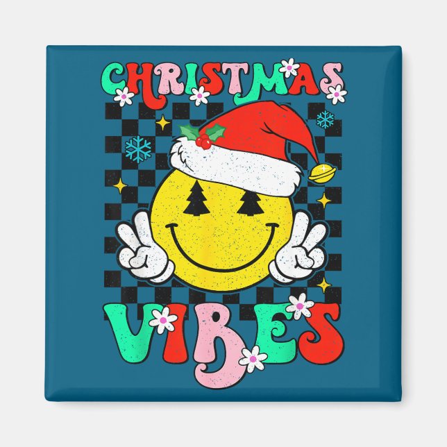 Groovy Christmas Vibes Smile Face Santa Hat Xmas T Magnet (Front)