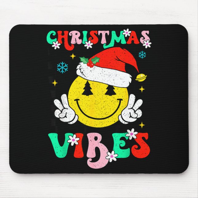 Groovy Christmas Vibes Smile Face Santa Hat Xmas T Mouse Pad (Front)