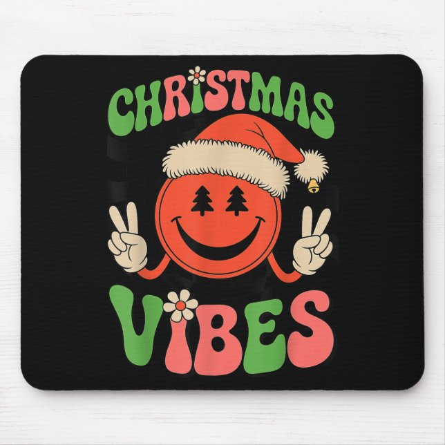 Groovy Christmas Vibes Smile Face Santa Hat Xmas T Mouse Pad (Front)