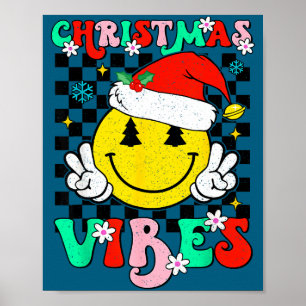 Groovy Christmas Vibes Smile Face Santa Hat Xmas T Poster