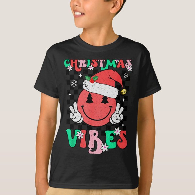 Groovy Christmas Vibes Smile Face Santa Hat Xmas T T-Shirt (Front)