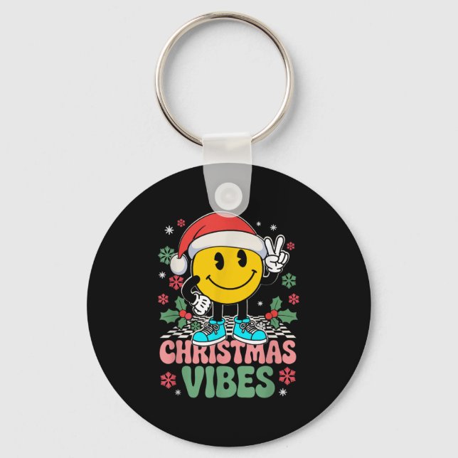 Groovy Christmas Vibes Smile Wearing Santa Hat Xma Key Ring (Front)