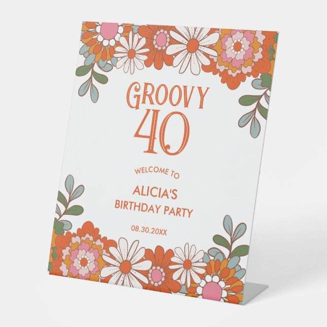 Groovy Classic Hippie Flora Leaf Birthday Pedestal Sign (Front)