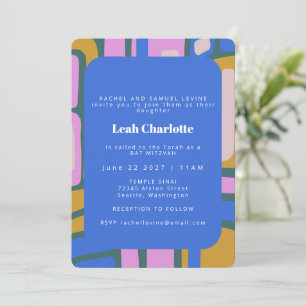 Groovy Colourful Abstract Blue and Pink Bat Mitzva Invitation