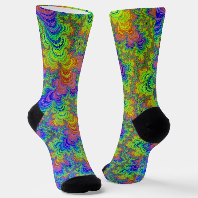 Groovy Colourful Boho Hippie Trippy Rainbow Fracta Socks (Angled)