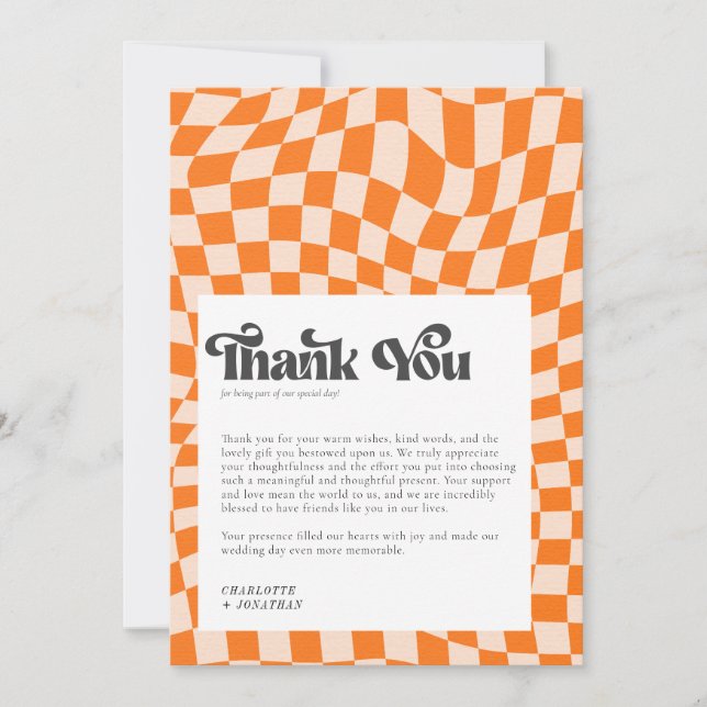 Groovy Colourful Chequered Unique Retro Wedding Thank You Card (Front)