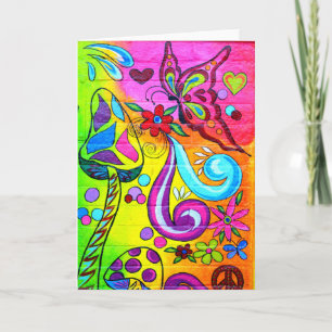 groovy colourful flower butterfly greeting card