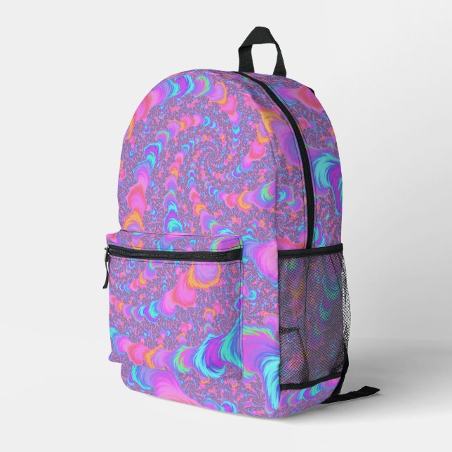 Groovy Colourful Fluorescent Trippy Spiral Fractal Printed Backpack (Back Corner Right)