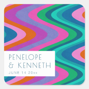 Groovy Colourful Green Purple Retro Wedding Custom Square Sticker