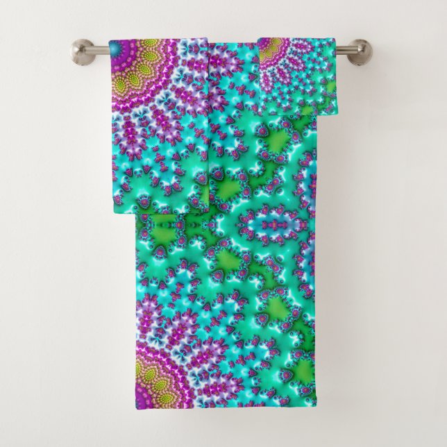 Groovy Colourful Jewel Tone Boho Fractal Mandala Bath Towel Set (Insitu)