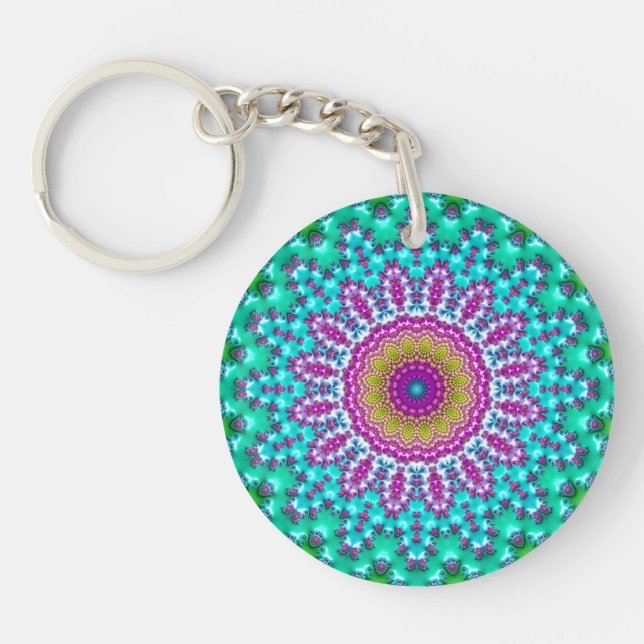 Groovy Colourful Jewel Tone Boho Fractal Mandala Key Ring (Front)
