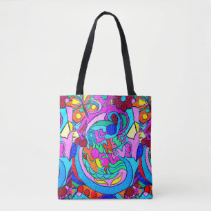 groovy colourful peace and love tote bag