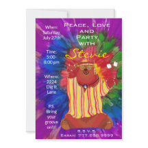 Groovy Colourful Peace Bear 1960"s Style Invitatio