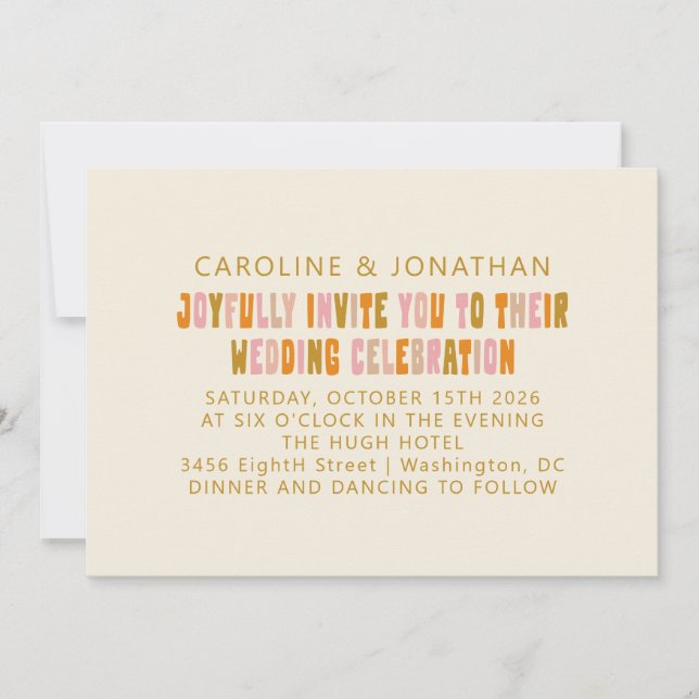 Groovy Colourful Pink and Orange Lettering Wedding Invitation (Front)