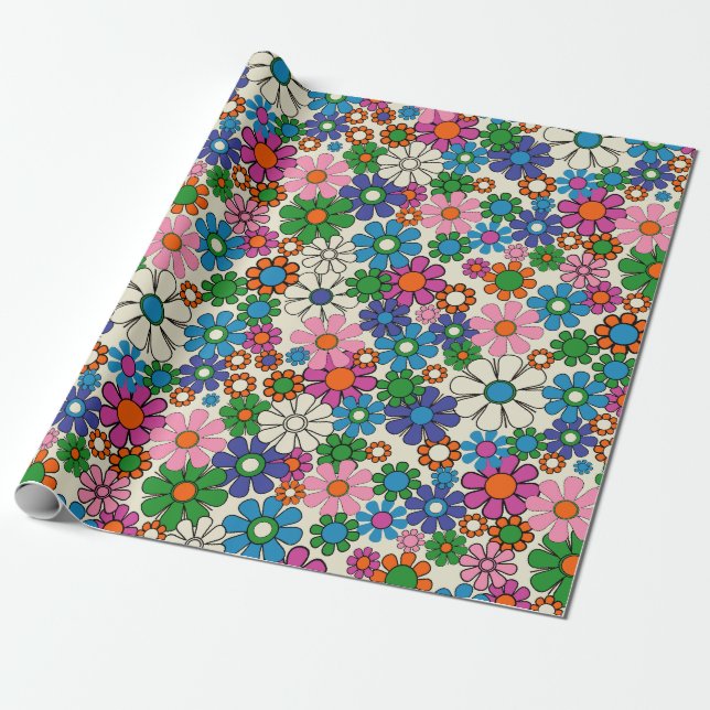 Groovy Colourful Retro 60s 70s Floral Pattern Wrapping Paper (Unrolled)