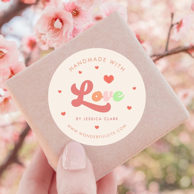 Groovy Colourful Retro Handmade with Love Heart Classic Round Sticker (Creator Uploaded)