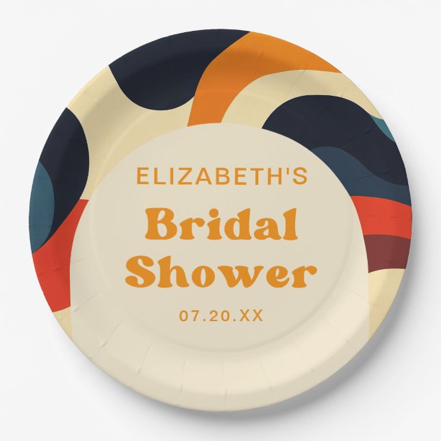Groovy Colourful Retro Wavy Boho Bridal Shower Paper Plate (Front)
