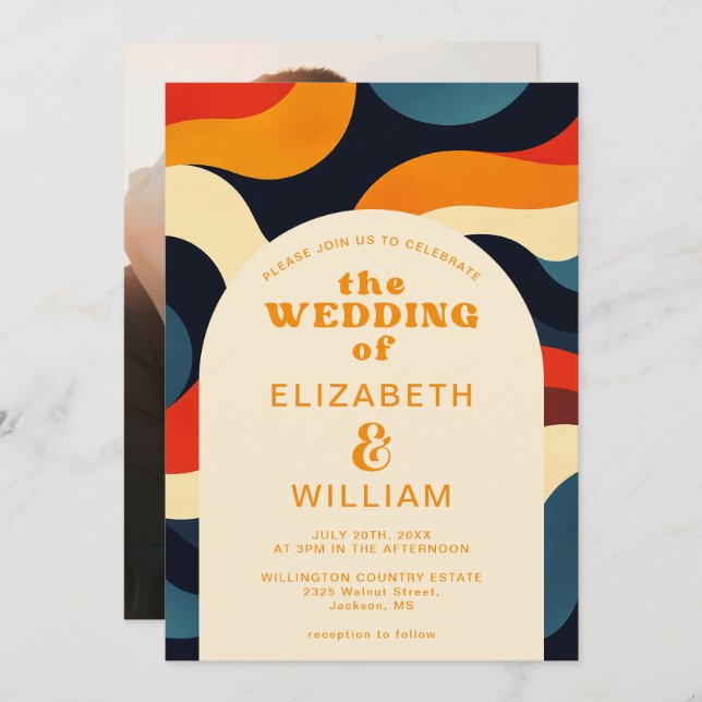 Groovy Colourful Retro Wavy Boho Wedding Photo Invitation (Front/Back)