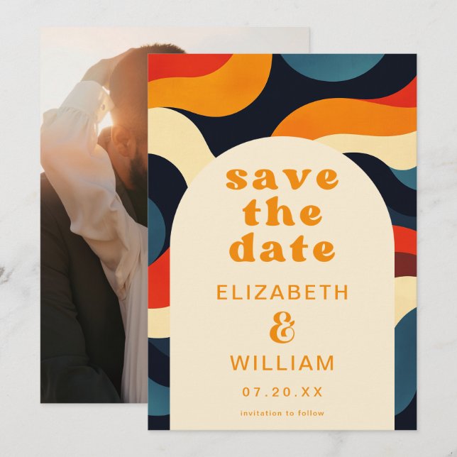 Groovy Colourful Retro Wavy Boho Wedding Photo Save The Date (Front/Back)