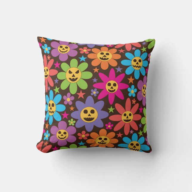 Groovy Colourful Spooky Flowers Halloween  Cushion (Front)