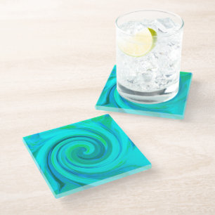 Groovy Cool Abstract Aqua Liquid Art Swirl Glass Coaster