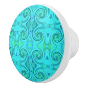 Groovy Cool Abstract Aqua Liquid Art Swirl Pattern Ceramic Knob