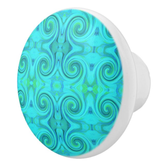 Groovy Cool Abstract Aqua Liquid Art Swirl Pattern Ceramic Knob (Right)