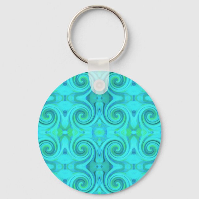 Groovy Cool Abstract Aqua Liquid Art Swirl Pattern Key Ring (Front)