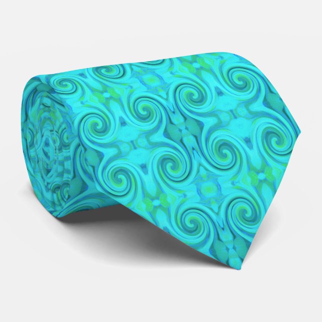 Groovy Cool Abstract Aqua Liquid Art Swirl Pattern Tie (Rolled)