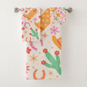 Groovy Cowgirl Boots and Hats Pattern with Cactus Bath Towel Set