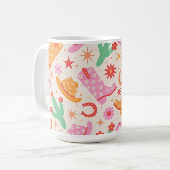 Groovy Cowgirl Boots and Hats Pattern with Cactus  Coffee Mug (Front Left)