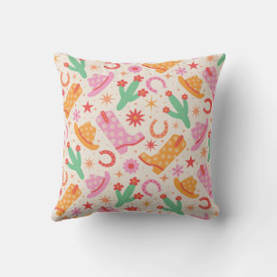 Groovy Cowgirl Boots and Hats Pattern with Cactus  Cushion