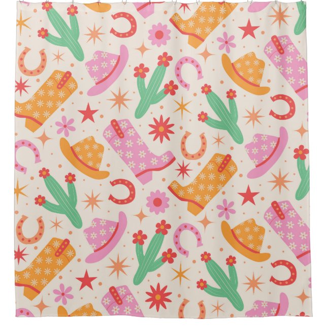 Groovy Cowgirl Boots and Hats Pattern with Cactus  Shower Curtain (Front)