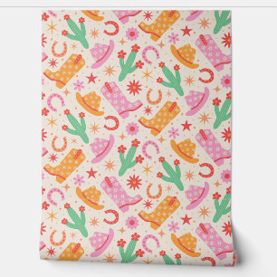 Groovy Cowgirl Boots and Hats Pattern with Cactus Wallpaper