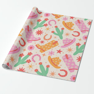 Groovy Cowgirl Boots and Hats Pattern with Cactus  Wrapping Paper