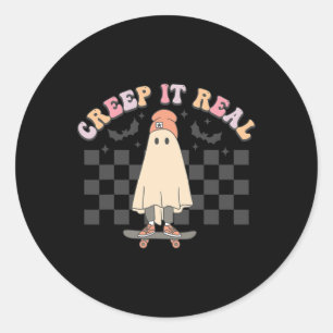 Groovy Creep It Real Ghost Pumpkin Halloween Spook Classic Round Sticker