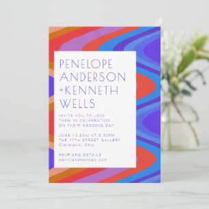 Groovy Curvy Lines Unique Retro Blue Red Wedding Invitation