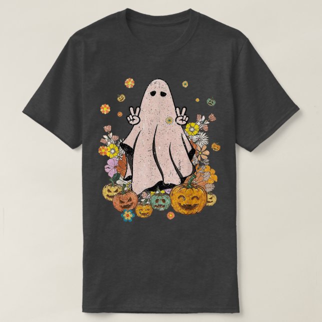Groovy Cute Ghost Floral Spooky Vibes Hippie Hallo T-Shirt (Design Front)