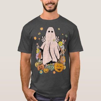 Groovy Cute Ghost Floral Spooky Vibes Hippie Hallo T-Shirt