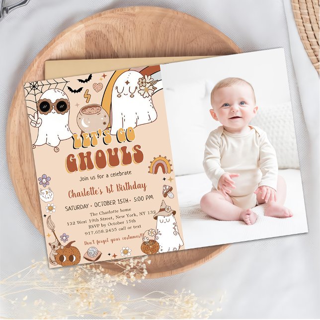 Groovy Cute Ghost Halloween 1st Birthday Party  Invitation (Creator Uploaded)