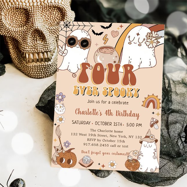 Groovy Cute Ghost Halloween 4th Birthday Party Invitation (Creator Uploaded)
