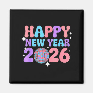 Groovy Cute Happy New Year 2026 Disco Ball Magnet