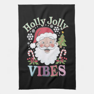 Groovy Cute Santa Claus Holly Jolly Vibes Xmas Tea Towel