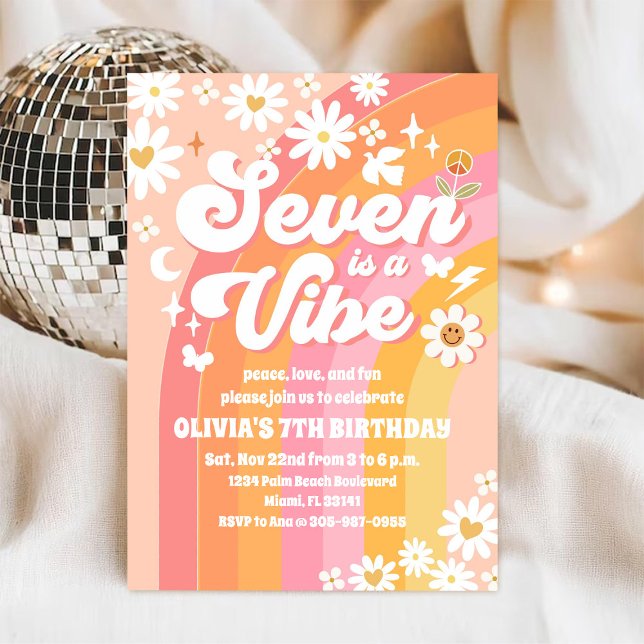 Groovy Daisy 7th Birthday Invitation (Creator Uploaded)