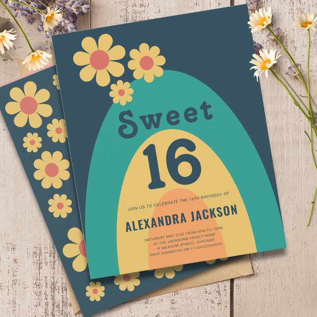 Groovy Daisy Arch 16th Birthday Party (Sweet 16 groovy daisy arch 16th birthday party budget invitation )