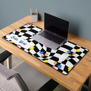 Groovy Daisy Floral Checkerboard, Y2K 90s  Desk Mat