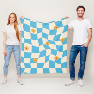 Groovy Daisy Floral Checkerboard, Y2K 90s   Fleece Blanket