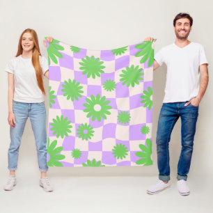 Groovy Daisy Floral Checkerboard, Y2K 90s Fleece Blanket