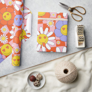 Groovy Daisy Floral Checkerboard, Y2K 90s  Wrappin Wrapping Paper